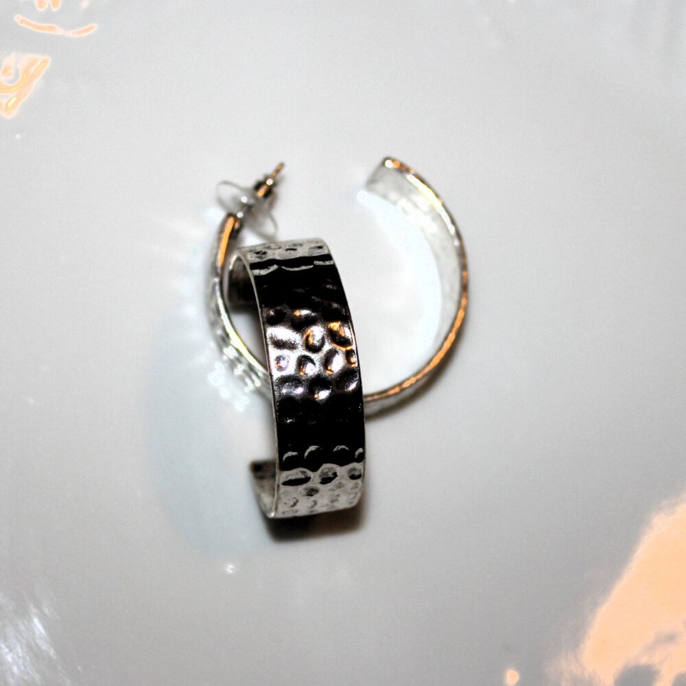 Hammered Metal Hoop Earring Silver Tone Post Earring Jewelry